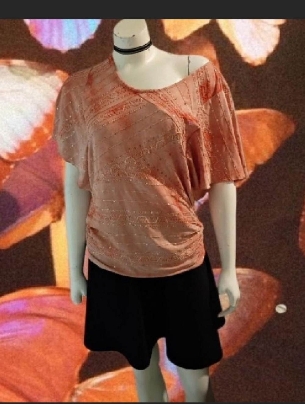 Y2K JM Collections women's M tie dye style peach color embroidered Sequin Top